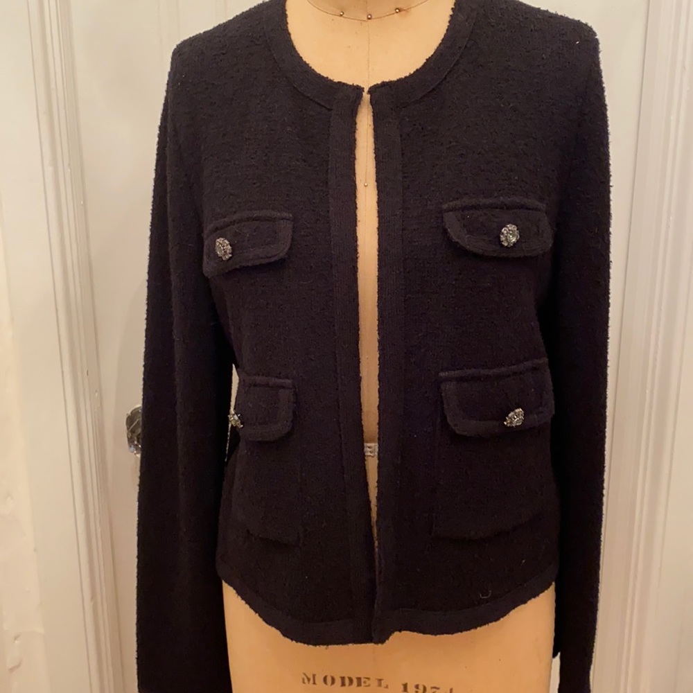 Black knit Zara jacket with rhinestone buttons.